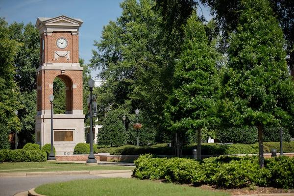 The clock tower of Foster Auditorium